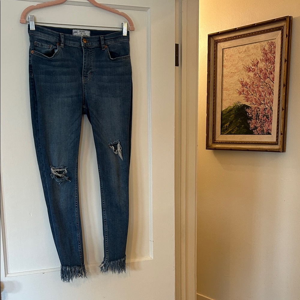 Free People Dark Blue Ripped Ankle Jeans